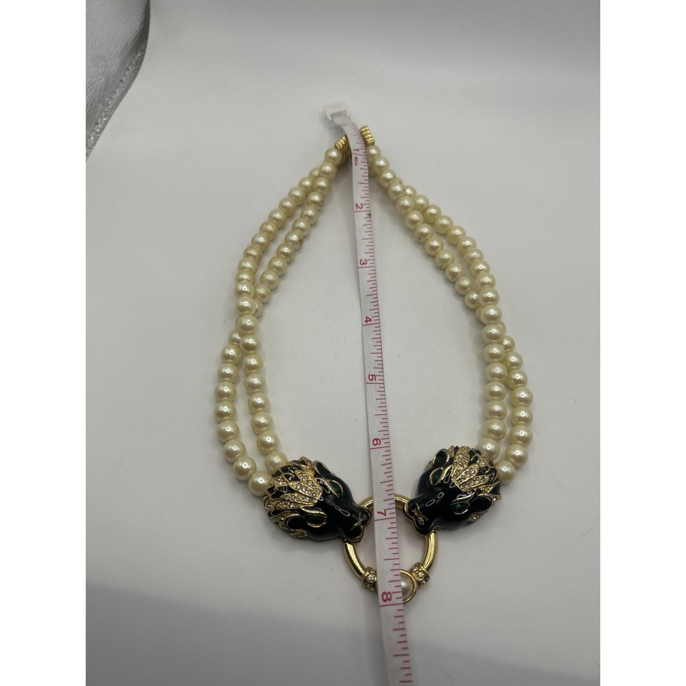 White Faux Pearl Beaded Choker Necklace Panther Heads Gold Tone 15in Statement - Picture 2 of 5